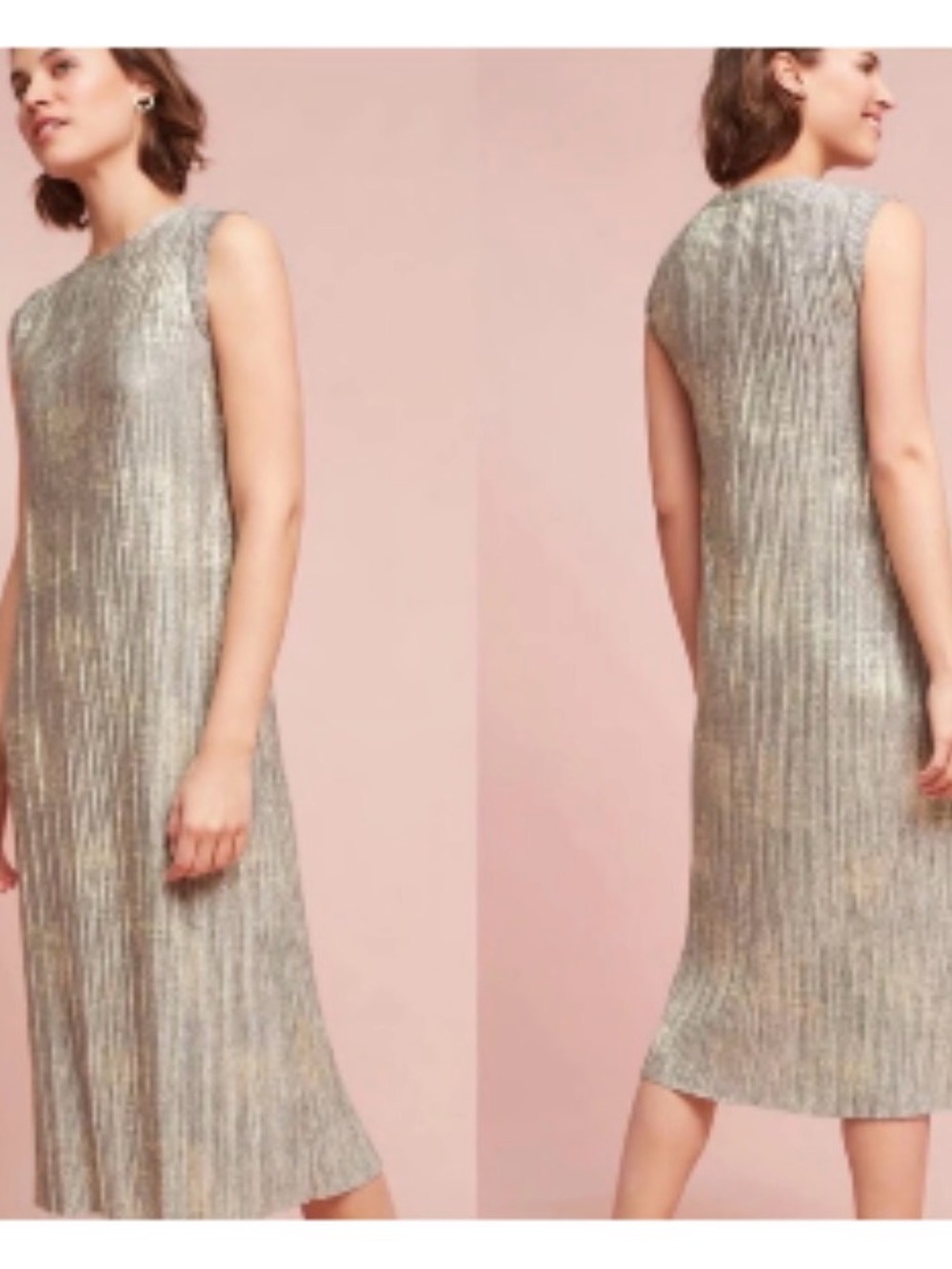Anthropologie Shimmering Silver Metallic Midi Dress